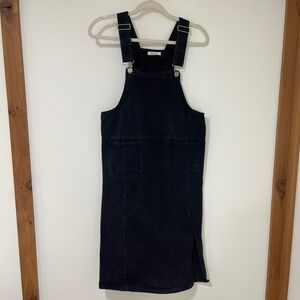 MOD REF Black Denim Pinafore Overall Dress Womens Size M Midi Side‎ Slit Cotton